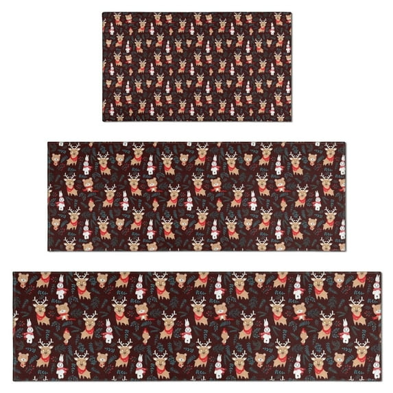 Dark Christmas Animal Pattern Kitchen Rugs Sets Of 3,Kitchen Runner Rugs Non Skid Washable,Decorative Kitchen Floor Mats for Kitchen,Sink,Laundry,17"x30"+ 17"x47" + 17"x59"