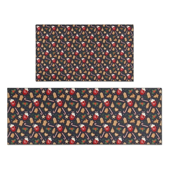 Dark Christmas Drink and Cookie Pattern Kitchen Rugs Sets Of 2,Anti Fatigue Kitchen Mat Rugs Non Slip Washable,Decorative Kitchen Floor Mats for Kitchen,Sink,Laundry,17"x30"+17"x47"