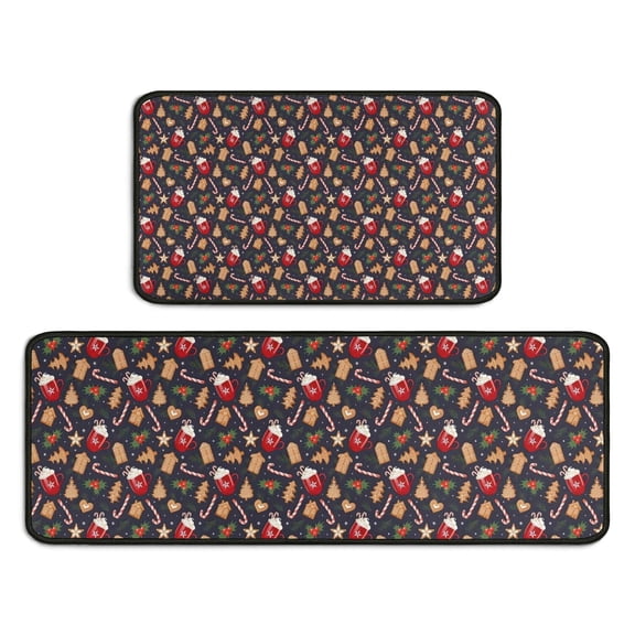 Dark Christmas Drink and Cookie Pattern Kitchen Rugs Sets Of 2,Anti Fatigue Kitchen Mat Rugs Non Slip Washable,Decorative Kitchen Floor Mats for Kitchen,Sink,Laundry,17"X30"+17"X47"