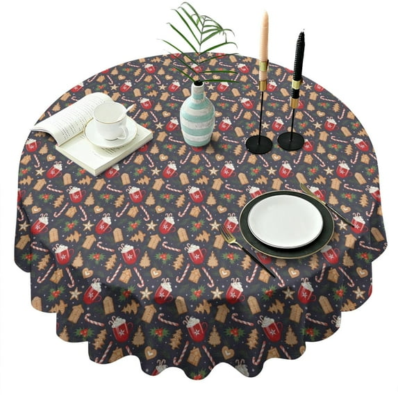 Dark Christmas Drink and Cookie Pattern Round Tablecloth 60"x60",Wrinkle Wipeable Table Cloth for Kitchen Dining Room Picnic Patio Party