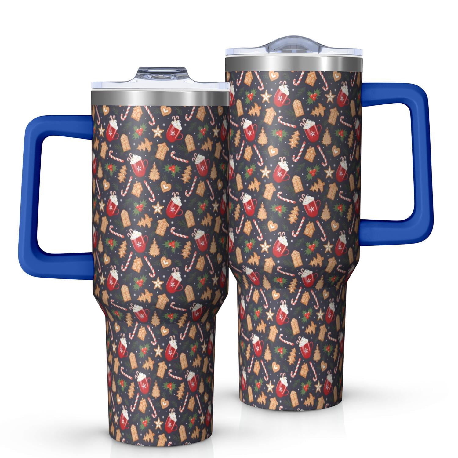 Dark Christmas Drink and Cookie Pattern Tumbler with Handle and Lid,40oz Double Wall Vacuum Insulated Tumbler,Cups Gift for Women and Men