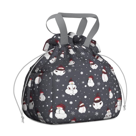 Dark Christmas Snowman Pattern Drawstring Lunch Bag Women - Drawstring Lunch Bag Insulated for Work Office - Stain-Resistant Large Lunchbags for Women with Multi-Pockets