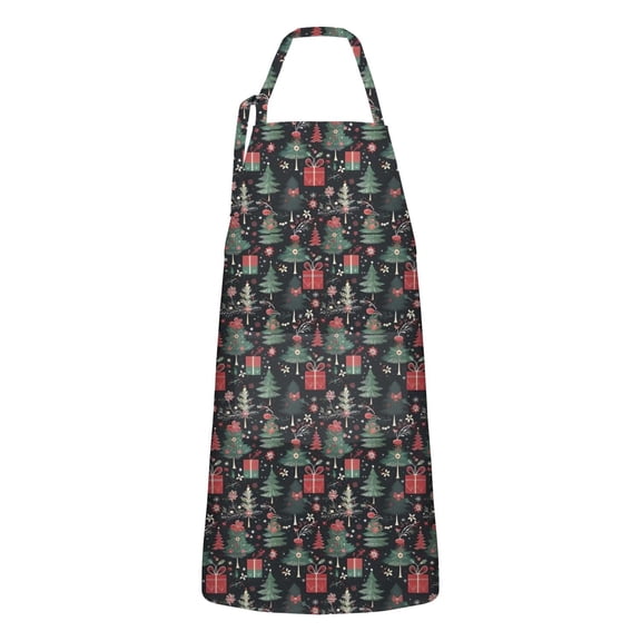 Dark Christmas Tree and Gift Apron-Garden Aprons for Women with Pockets-Cotton Linen Waterproof Kitchen Cooking Gardening Aprons Adjustable for Kitchen,Cooking,BBQ and Salon 32"x27"