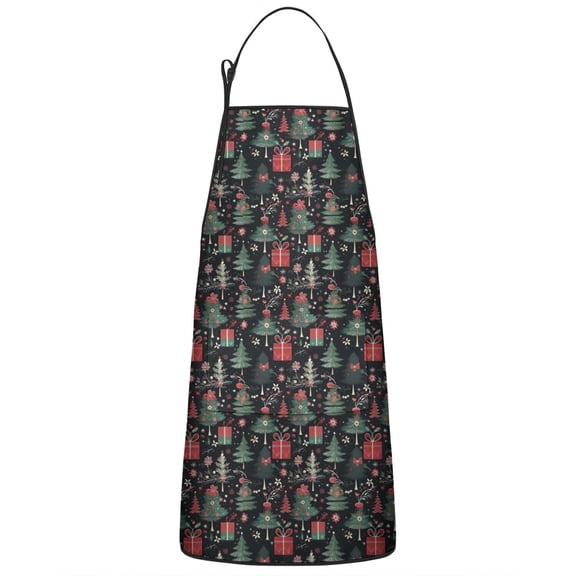 Dark Christmas Tree and Gift Pattern Apron-Garden Aprons for Women with Pockets-Cotton Linen Waterproof Kitchen Cooking Gardening Aprons Adjustable for Kitchen,Cooking,BBQ and Salon 33"x27"