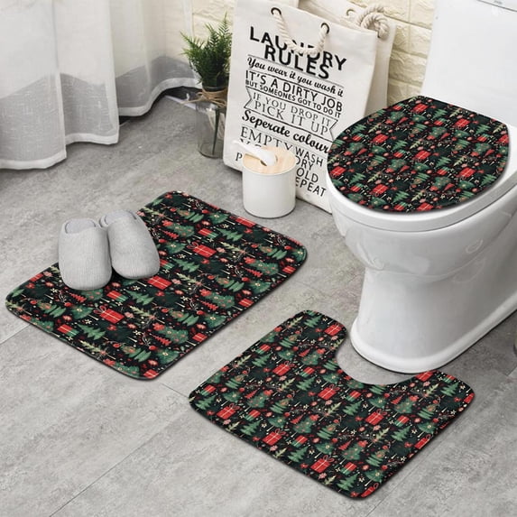 Dark Christmas Tree and Gift Pattern Bathroom Rugs Sets 3 Piece,Toilet Cover Set,Absorbent Non Slip Bathroom Mats Sets with U-Shaped Contour Rug Toilet Rug Set