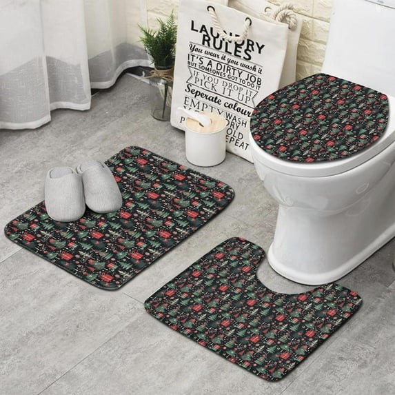 Dark Christmas Tree and Gift Pattern Bathroom Rugs Sets 3 Piece,Toilet Cover Set,Absorbent Non Slip Bathroom Mats Sets with U-Shaped Contour Rug Toilet Rug Set