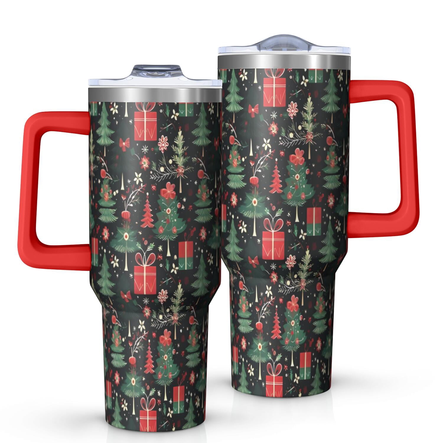 Dark Christmas Tree and Gift Pattern Tumbler with Handle and Lid,40oz Double Wall Vacuum Insulated Tumbler,Cups Gift for Women and Men