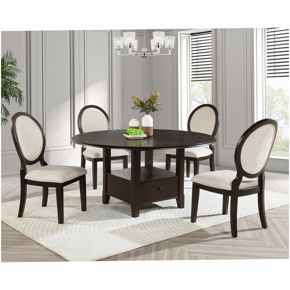 Dark Cocoa 60 Inch Round Dining Table and Chair Set, 5-Piece Upholstered Seating Group with Drawers, Transitional Design
