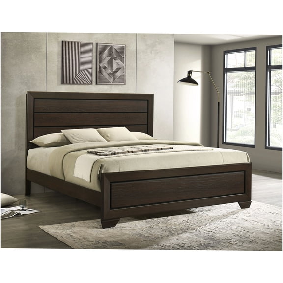 Dark Cocoa Eastern King Bed Frame, Wood Headboard Platform Bed with Strong Slats, No Box Spring Required