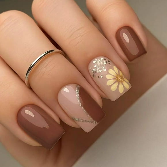 Dark Coffee Brown Daisys Line False Nails For Women ABS Materials Natural Fit Elegant Design Fall Winter Press On Nails