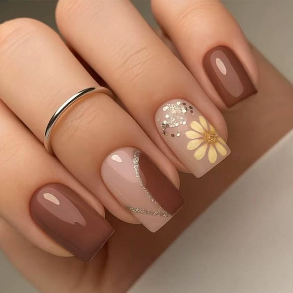 Dark Coffee Brown Daisys Line False Nails For Women ABS Materials Natural Fit Elegant Design Fall Winter