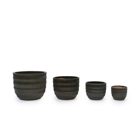 Dark Coffee Fluted Ceramic Planters 4-Pack with Drainage Hole, All-Weather Flower Pots for Indoor Outdoor Use - Modern Garden Planters for Patio Balcony Home Decor