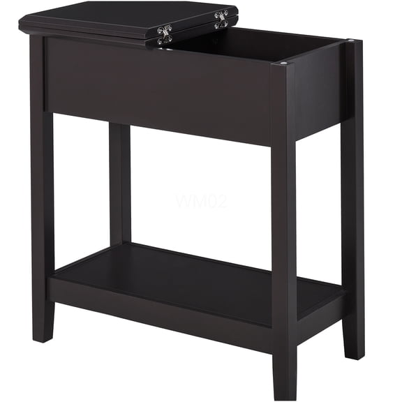 Dark Coffee Narrow End Table with Flip Top, Storage Cabinet and Shelf for Living Room, Sofa Side Table with Retro Design
