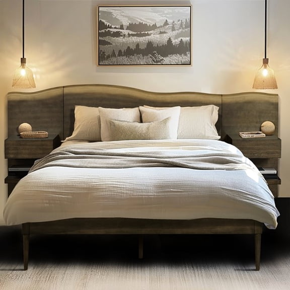 Dark Coffee Wood Queen Platform Bed With Live-edge Headboard And Nightstand Pockets For Built-in Drawer Units,