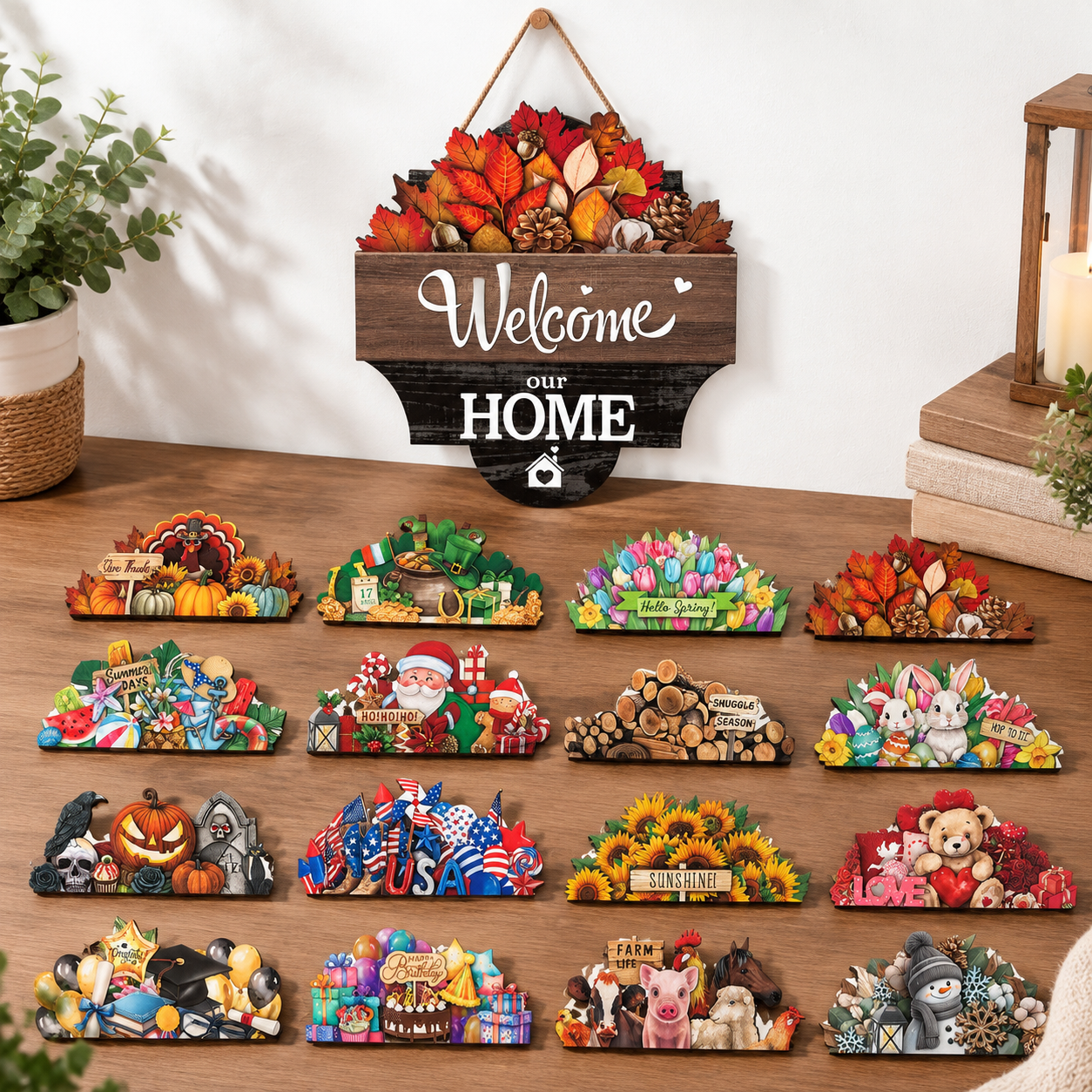 Dark Color Home Welcome Interchangeable Seasonal Wooden Front Door Sign ...