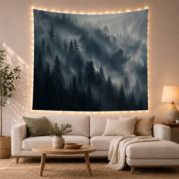 Dark Conifers Among Blue Mist, Moody Digital Art for Nature Lovers, Atmospheric Forest Decor, Housewarming Gift, Tapestry Wall Hanging for Bedroom and Living Room