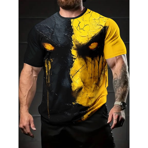 Dark Cool Style: Yellow and Black Cracked Eye Print 3D Printed T-Shirt, Men's Summer Casual Sports Fun Digital Pattern Comfortable Crew Neck Short Sleeve Top, Suitable for Outdoor Wear