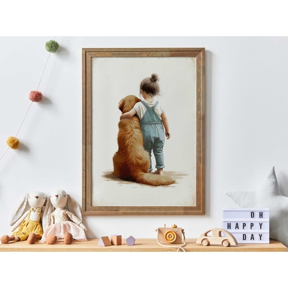 Dark Copper Golden Retriever Art Girl and Dog Decor, Unframed Paper Poster 8x10in
