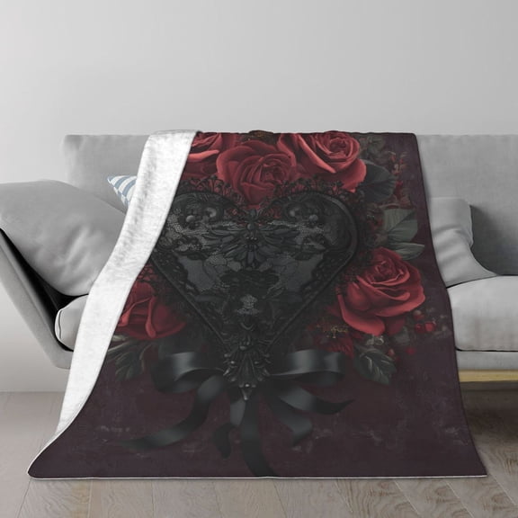 Dark Coquette Gothic Rose Throw Blanket, Black Lace Heart & Bows Aesthetic, Soft Plush Flannel Fleece for Sofa Couch Edgy Home Decor 50x40