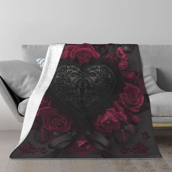 Dark Coquette Gothic Rose Throw Blanket, Black Lace Heart & Bows Aesthetic, Soft Plush Flannel Fleece for Sofa Couch Edgy Home Decor 50x40