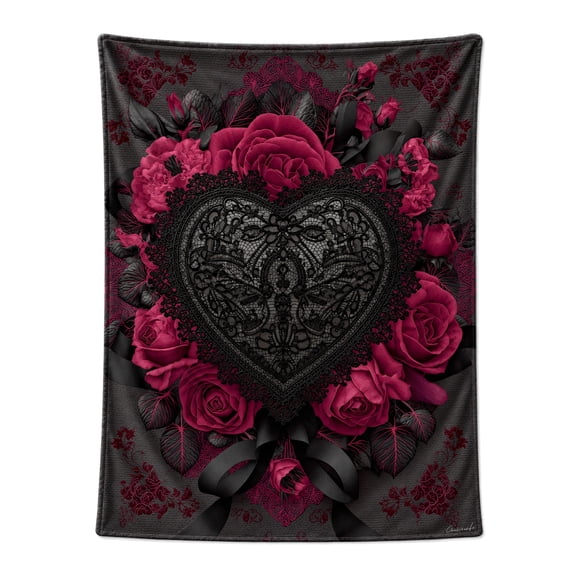 Dark Coquette Gothic Rose Throw Blanket, Black Lace Heart & Bows Aesthetic, Soft Plush Flannel Fleece for Sofa Couch Edgy Home Decor 50x40