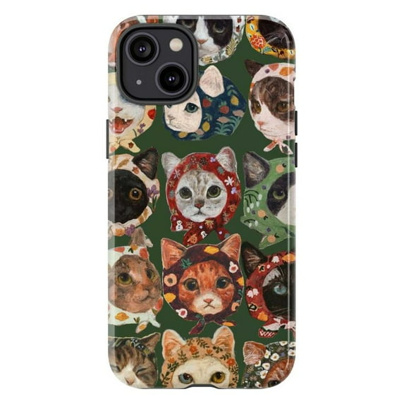 Dark Cottagecore Bonnet Cat Phone Case, Vintage Floral Collage iPhone Cover, Whimsical Artistic Protective Case for iPhone 16 15 14 13 12 11 Plus Pro Max Mini