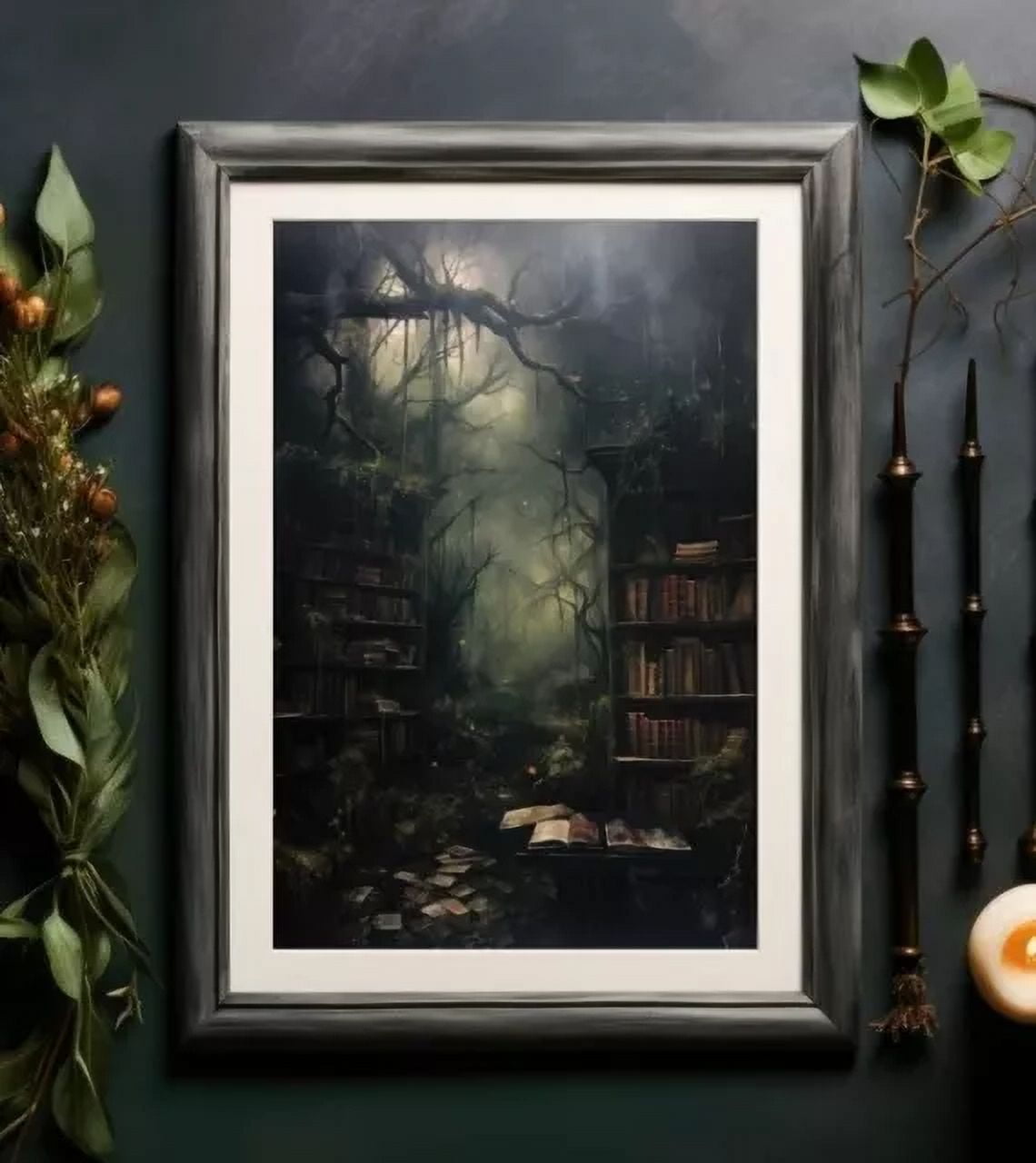 Dark Cottagecore Forest Library Painting, Printable Wall Art, Digital ...