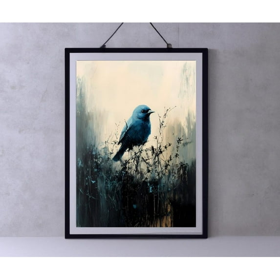 Dark Cottagecore Wall Art, Moody Bird Botanical Print, Gothic Aesthetic Decor, Vintage Blue Bird Art, Rustic Woodland Wall Art, Modern Wall Decor, 12x18 UNFRAMED