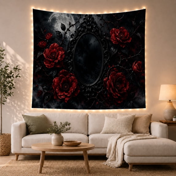 Dark Crimson Roses with Ornate Oval Frame Against a Full Moon Sky, Moody Gothic for Gothic Art Lovers, Moody Floral Wall Decor, Halloween Gift, Tapestry Wall Hanging for Bedroom and Living Room
