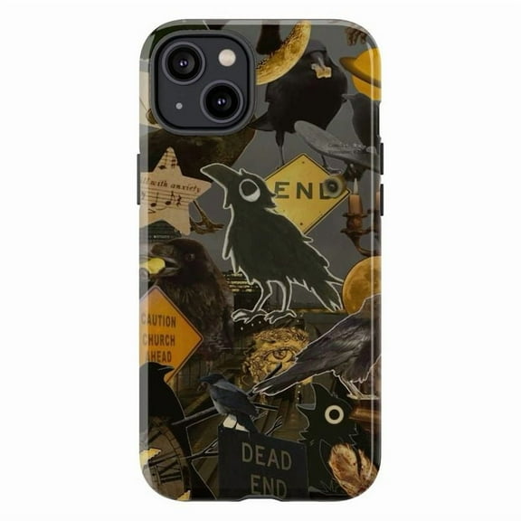 Dark Crow Aesthetic Touch Phone Case for iPhone 16 15 14 13 12 11 Pro Plus Mini, Gothic Grunge 'Dead End' Collage Design, Dual Layer Protective Halloween Phone Cover, Gift for Horror & Alt Style Fans