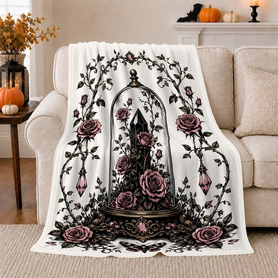 Dark Crystal Cloche Pink Roses Moth Gothic Floral, Mystical Celestial Art Scene, Warm Flannel Blanket for Sunroom and Reading Nook, Celestial Art Lovers Housewarming Gift, Fantasy Home Decor