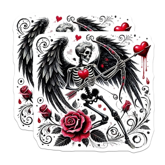 Dark Cupid Sticker, Skeleton Cupid Decal, Heart Arrow, Rose Sticker, Gothic Valentine Sticker, Romantic Spooky Gift - 5" On Longest Side - Sticks to Smooth Flat Surfaces - Made in USA - BMCS14202