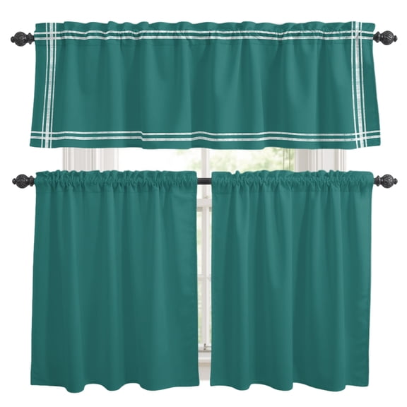 Dark Cyan Kitchen Curtains Valance and Tier Set Solid Color Rod Pocket Short Curtains for Small Window 3 Pieces Set for Bedroom Bathroom Cafe (54" x 18"+27" x 24")