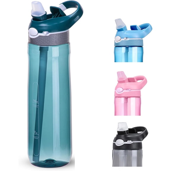 Dark Cyan Water Bottle With Narrow Straw, BPA FREE Clear Bottles With Handle One Hand Use Easy Carried, Flip Up, Suit School, Office, Gym, Office, 24oz (750ml)