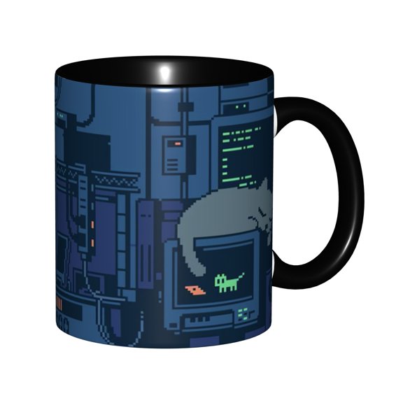 Dark Cyber Lab Pixel Art Cat Tech Scene Ceramic Mug 11oz, Retro 8-Bit Laboratory Cats & Circuit Gear, Microwave Safe Gift for Cat & Gaming Nerds