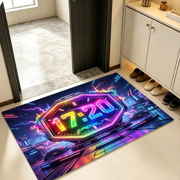 Dark Cyber Octagon Frame Rainbow HUD Neon Clock Lightning Blast Doormat, Kitchen Bedroom Entry Rug, Halloween Vivid Full Rainbow Futuristic City Neon Tech Decor Gift