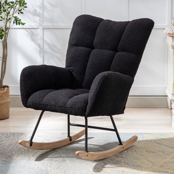 Dark Dark Blue Teddy Fabric Wingback Glider Rocker with Side Storage Pocket, Soft Comfy Nursing Rocking Chair, Sturdy Safe Solid Wood Base, Multiuse Accent Chair for Nursery Living Room
