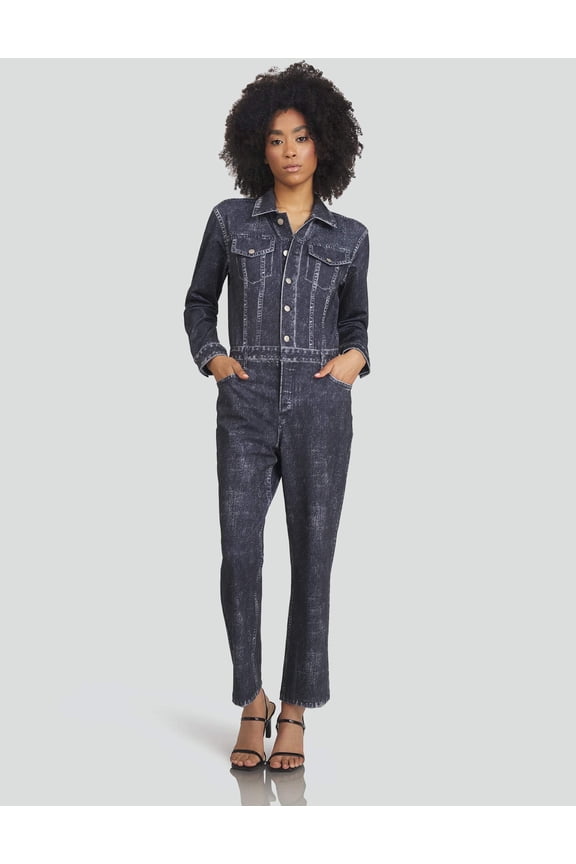 Long-Sleeve Printed Denim Athleisure Black, Denim Jumpsuit (Women's)