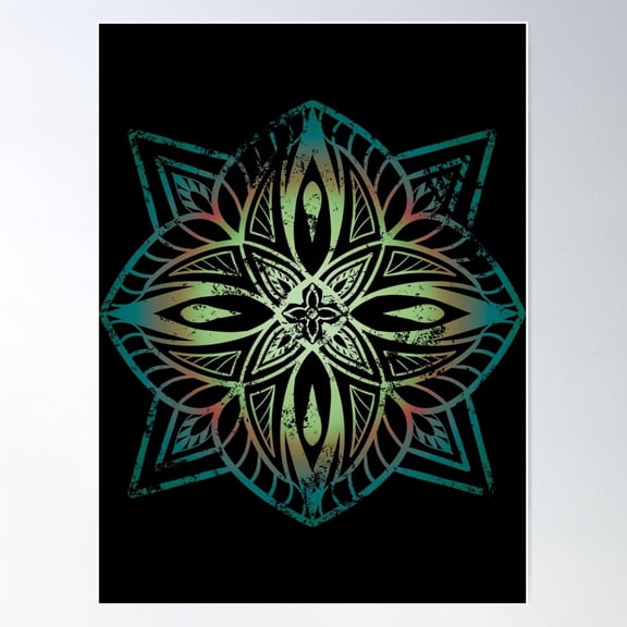 Dark Distressed Neon Mandala - Warm Green Hues - Boho Vintage Distressed Design. Poster Wall Art, Modern Wall Decor For Living Room Bedroom, 12x18 UNFRAMED