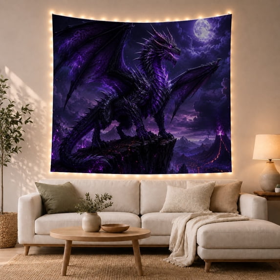 Dark Dragon on a Jagged Peak under the Full Moon, Dramatic Fantasy for Dragon Lovers, Mythical Mountain Art, Halloween Gift, Tapestry Wall Hanging for Bedroom and Gaming Room