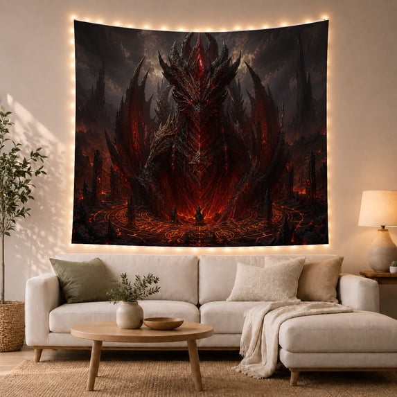 Dark Dragon Throne in Volcanic Storm, Dramatic Gothic for Fantasy Enthusiasts, Dark Castle Wall Art Decor, Halloween Gift Tapestry Wall Hanging for Living Room and Bedroom