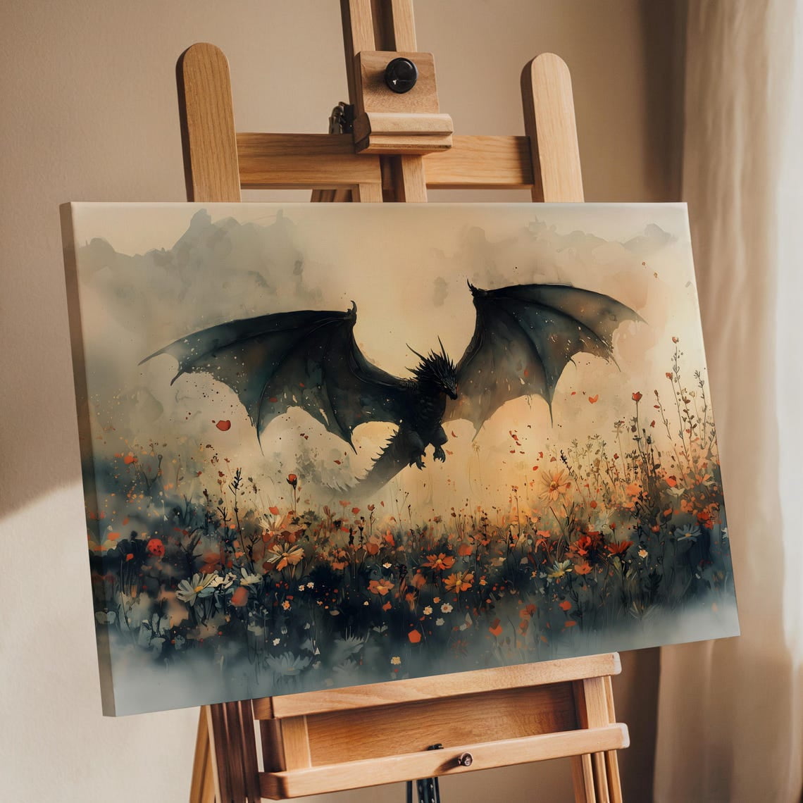 Dark Dragon In Wildflower Field – Fantasy Creature Wall Art, Mythical Flying Beast Print ...