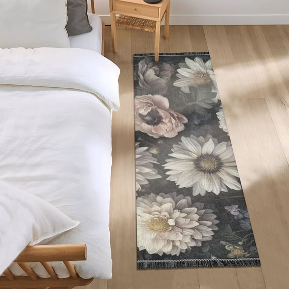 Dark Elegant Floral Pattern Bedroom Runner Rug 2'x 6' Non Slip Carpet Indoor Home Area Rug Living Room