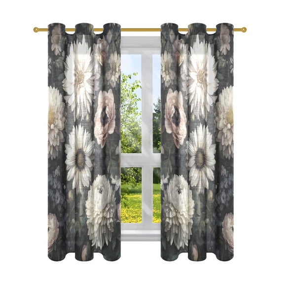Dark Elegant Floral Pattern Semi Sheer Curtains for Living Room Bedroom Set of 2 Insulated Window Drapes