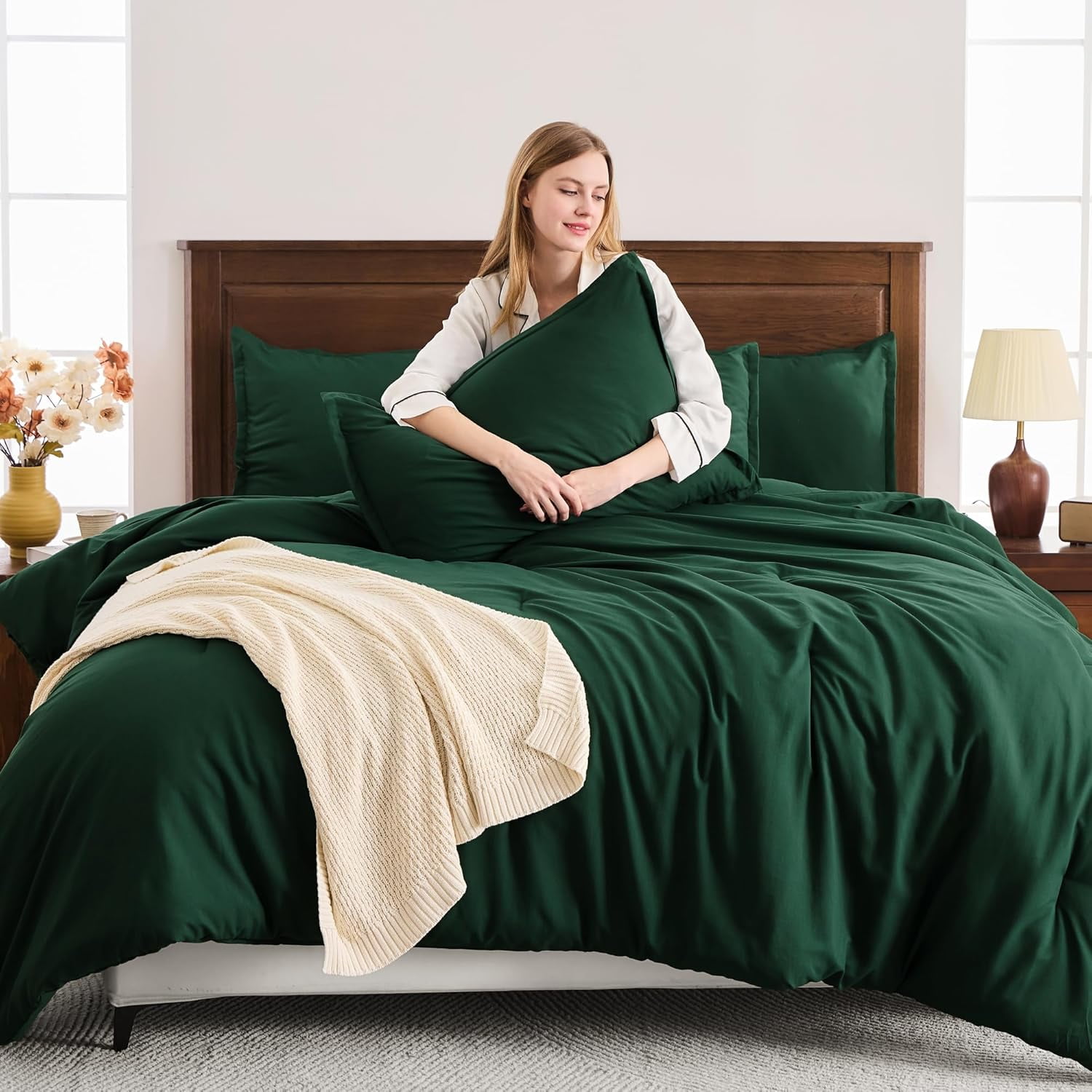 Dark Emerald Green California King Comforter Set, 3 Pieces Cal King