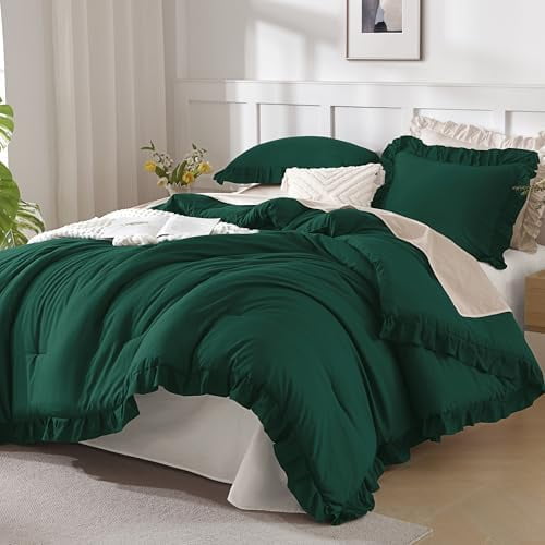 Dark Emerald Green Comforter Set Queen, 3 Pieces Solid Ruffle Farmhouse Bedding Set for Queen Bed, Lightweight Soft Ruffled Bed Comforter Set for All Seasons
