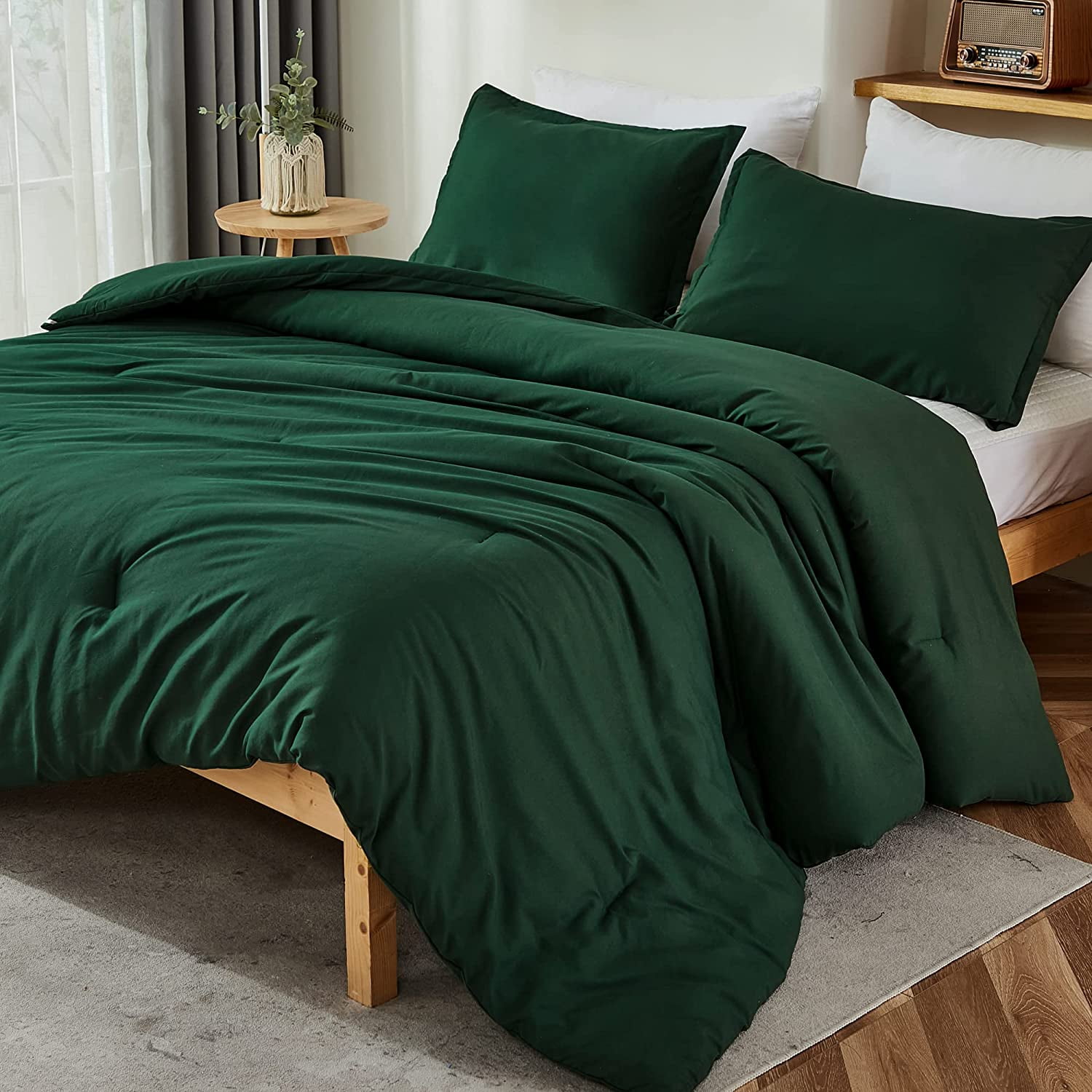 Dark Emerald Green Queen Comforter Set, 3 Pieces Boho Vintage Solid