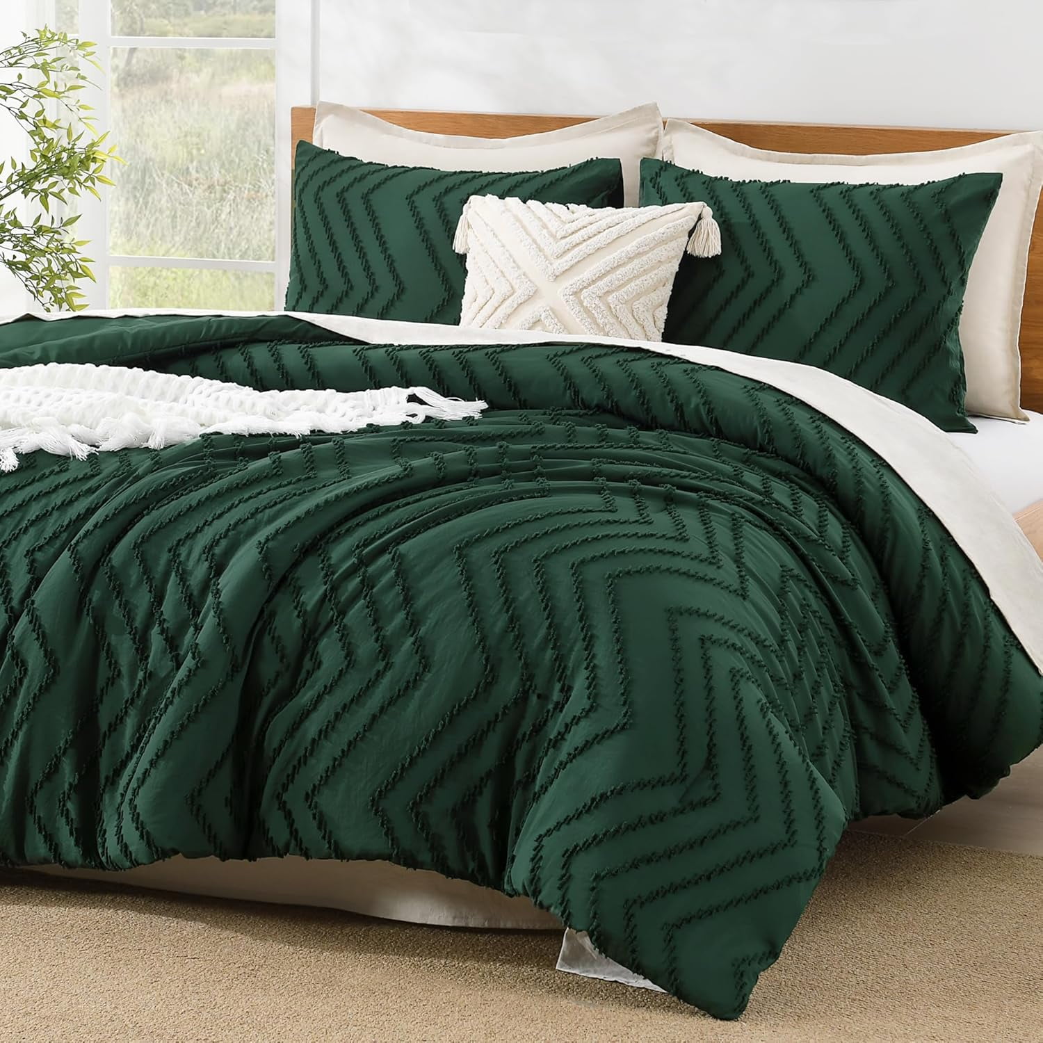 Dark Emerald Green Queen Size Comforters, 3 Piece Lightweight Chevron ...