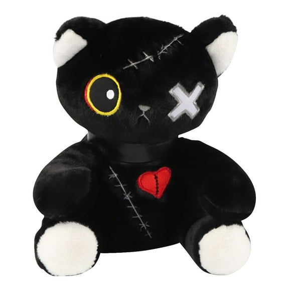 Dark Emotional Black Cat Plush Ornament, 25Cm Gothic Stuffed Doll With Stitched Details & Heart Patch, Perfect Gift For Girlfriend, Internet Toy Plushie Decor