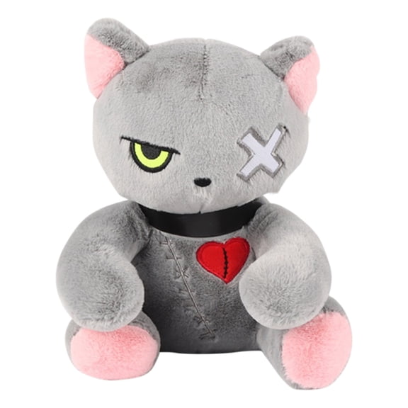 Dark Emotional Cat Plush Ornament, 25Cm Gray Stuffed Doll With Pink Accents, Internet Toy Gift For Girlfriend, Gothic-Style Soft Plushie Decor